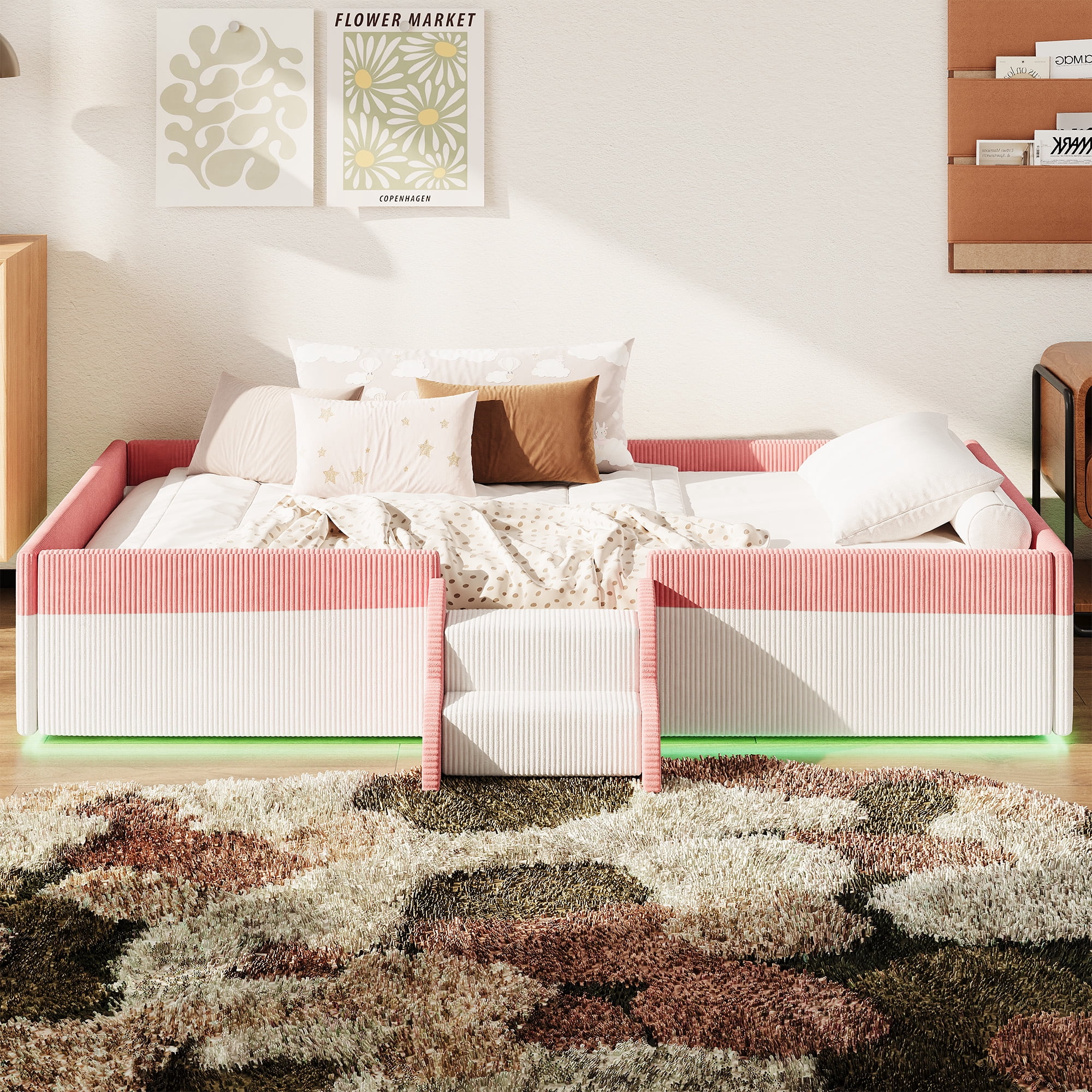 Howcool Twin Size Corduroy Upholstered Floor Bed with Fence and Smart LED Lights,2-Tier Steps Platform Bed Frame,Pink+White