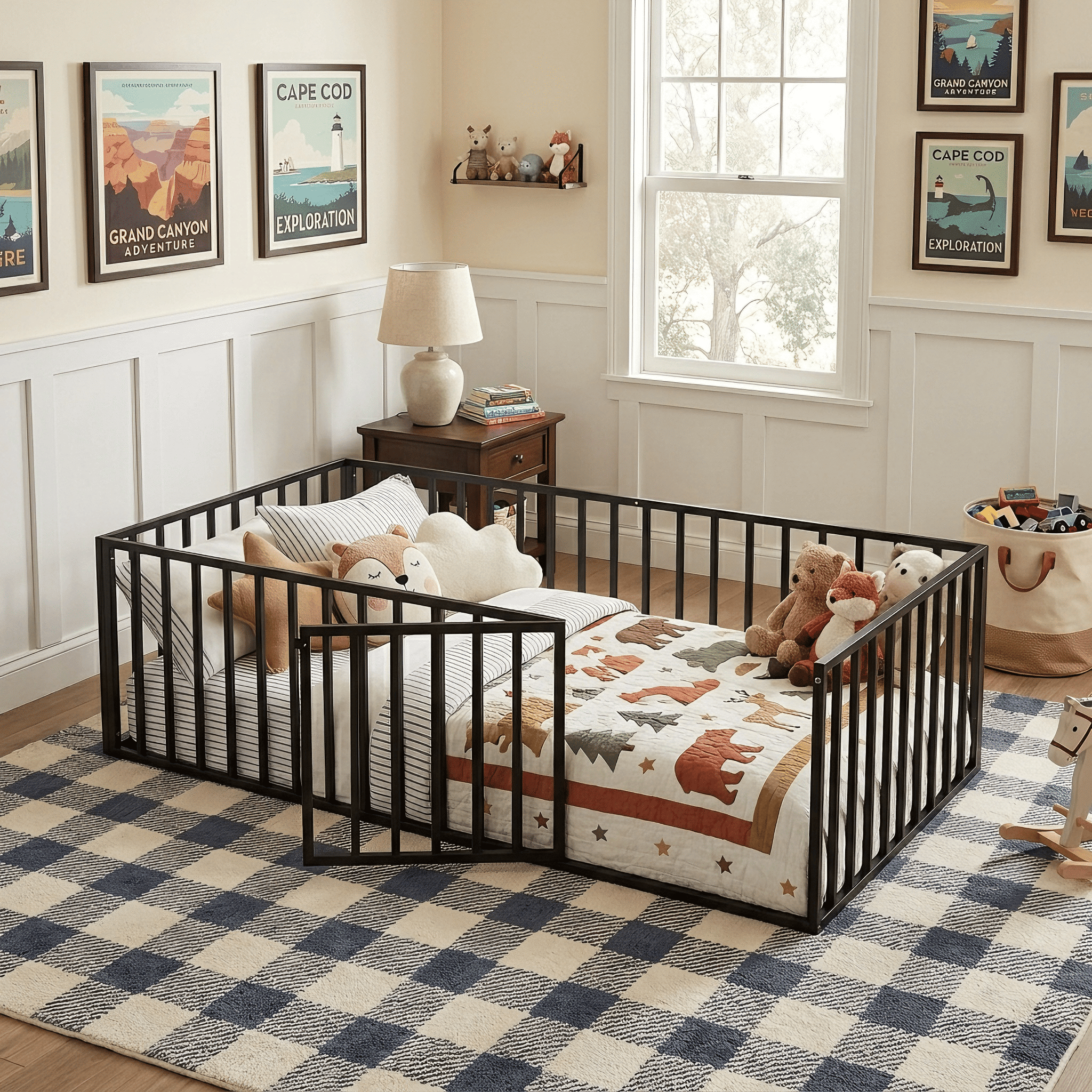 Howcool Twin Size Montessori Floor Bed with Rails and Door,Heavy Duty Metal Low-Profile Frame,Black