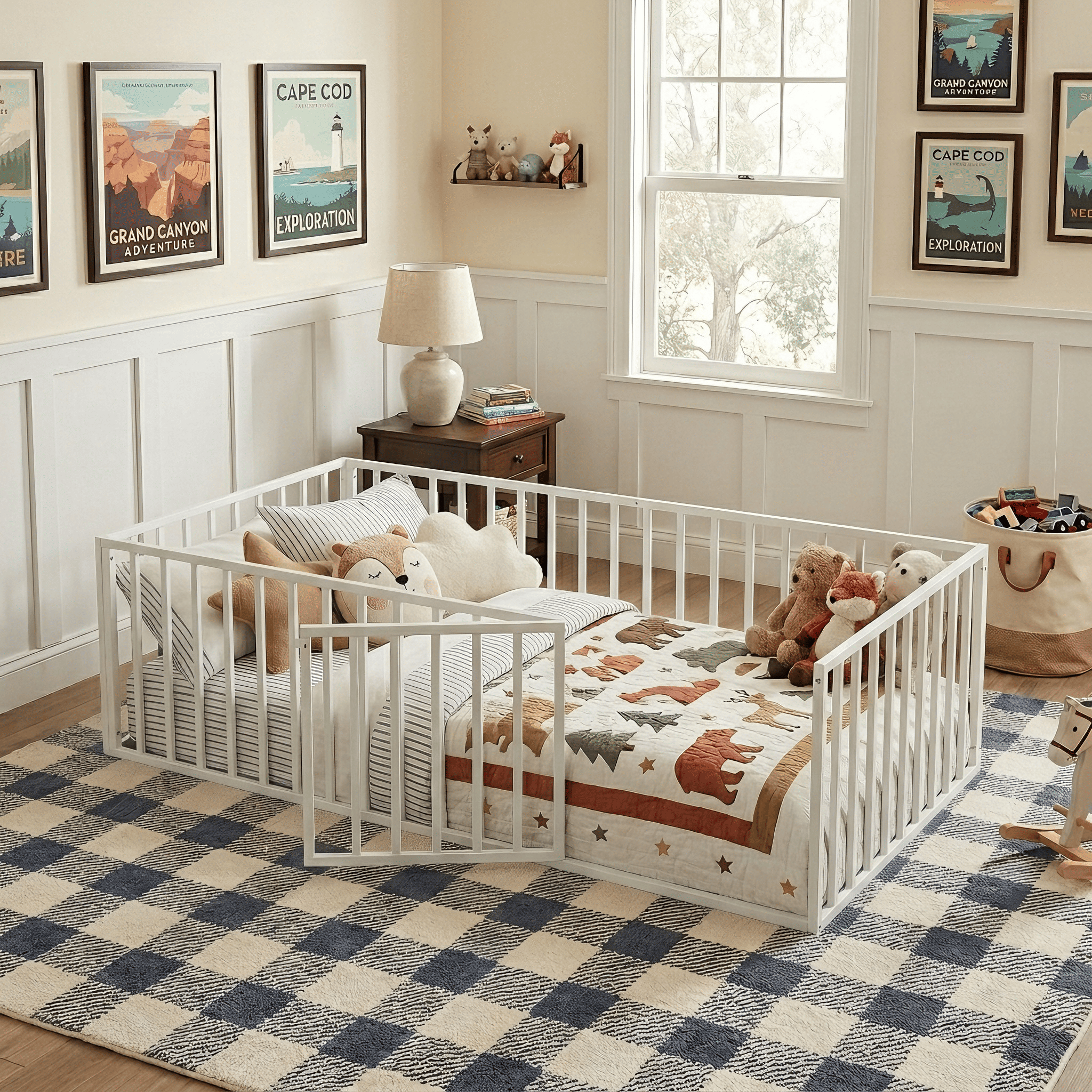 Howcool Twin Size Montessori Floor Bed with Rails and Door,Heavy Duty Metal Low-Profile Frame,White