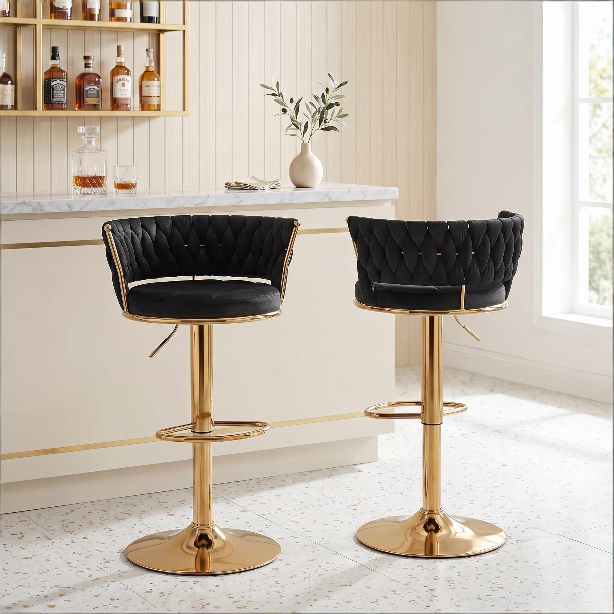 Howcool Velvet Swivel Bar Stools Set of 2 with Back and Arms, Adjustable Counter Height Kitchen Island Chairs with Gold Metal Legs & Base for Home Bar Dining Room