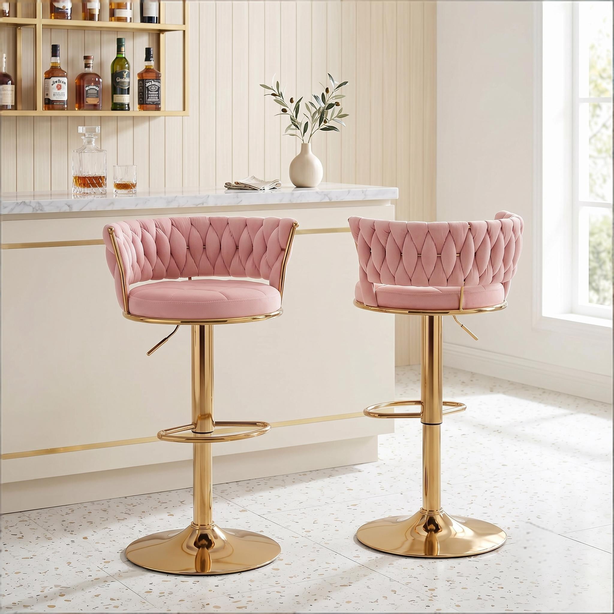 Howcool Velvet Swivel Bar Stools Set of 2 with Back and Arms, Adjustable Counter Height Kitchen Island Chairs with Gold Metal Legs & Base for Home Bar Dining Room