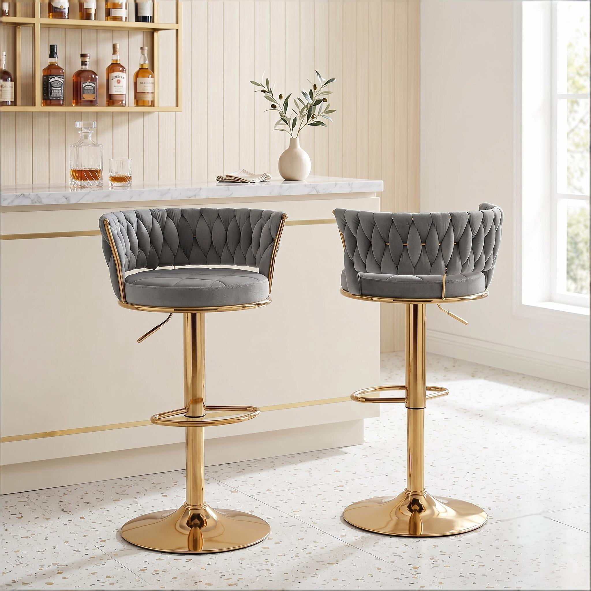 Howcool Velvet Swivel Bar Stools Set of 2 with Back and Arms, Adjustable Counter Height Kitchen Island Chairs with Gold Metal Legs & Base for Home Bar Dining Room