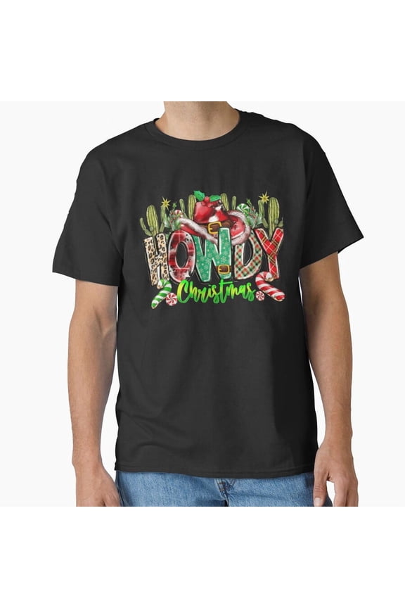 Howdy Christmas Cactus Cowboy Western Holiday Spirit Funny Graphic Unisex T-Shirt, for men & women, up to size 5XL