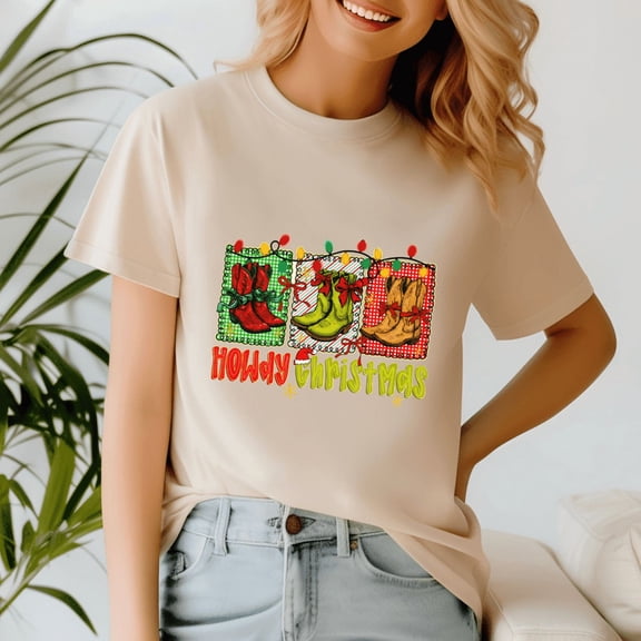 Howdy Christmas Cowgirl Boots, Funny Christmas TShirt, Santa Shirt, Vintage Holiday Tee, Merry Xmas Gift, Family Holiday Outfits