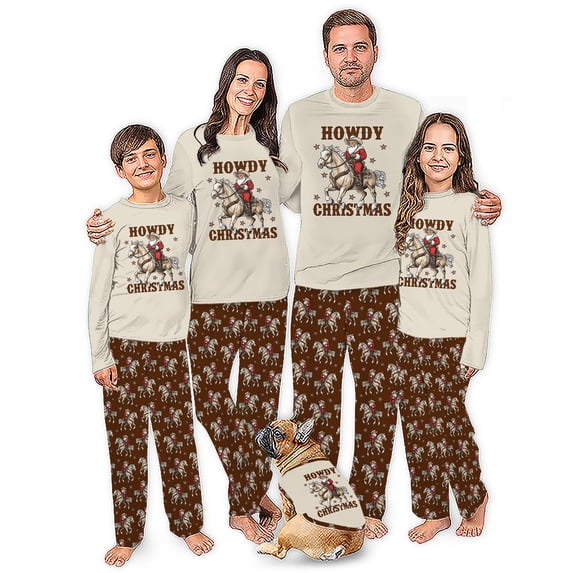 Howdy Christmas Matching Family Pajamas, Santa Cowboy on Horse Western Christmas PJs for Family and Pet, Cream Brown