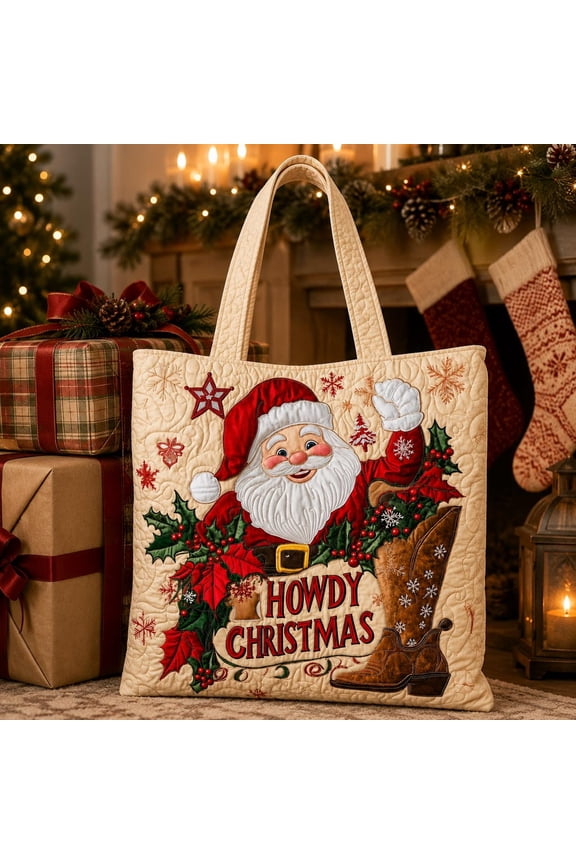 Howdy Christmas Quilted Tote Bag, Western Santa Tote, Cowboy Boot Christmas Bag, Country Holiday Gift Bag, Handmade Festive Shoulder Tote