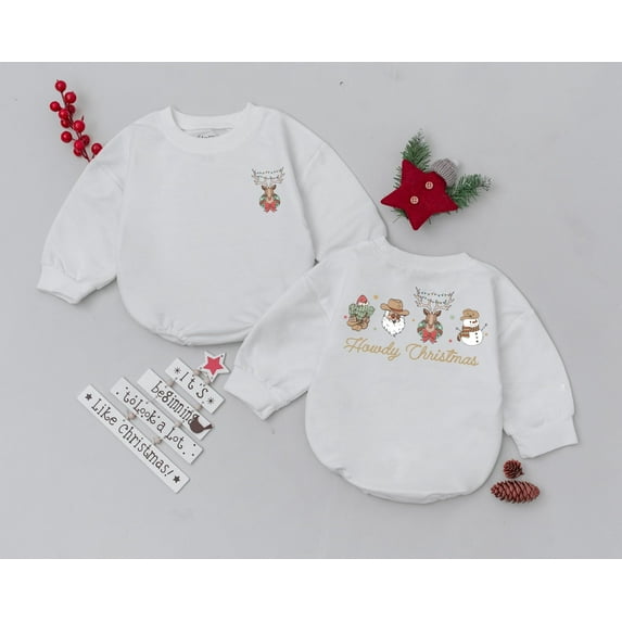 Howdy Christmas Romper, First Christmas Outfit, Newborn Bodysuit, Baby Shower Gift, Vintage Christmas, Bubble Romper, Western Christmas