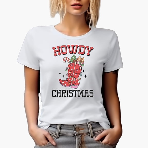 Howdy Christmas with Retro Boot Art Merch Gift, White T-Shirt, 2XL