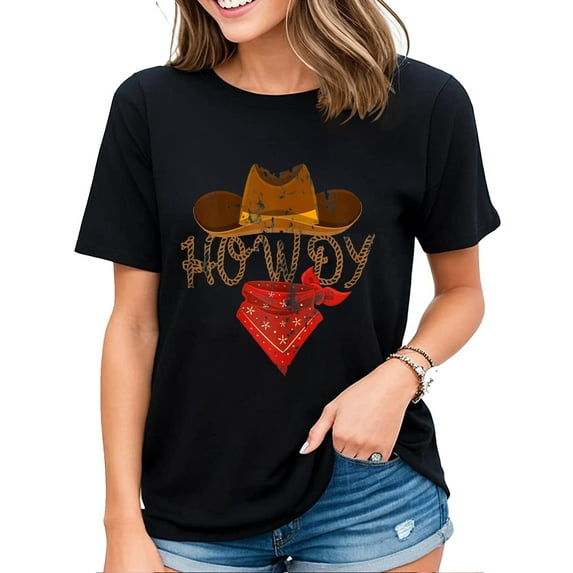 Howdy Cowboy T-Shirt Cowboy Hat Red Masked Scarf Fun Graphics Womens Tee Shirt Black 3X-Large