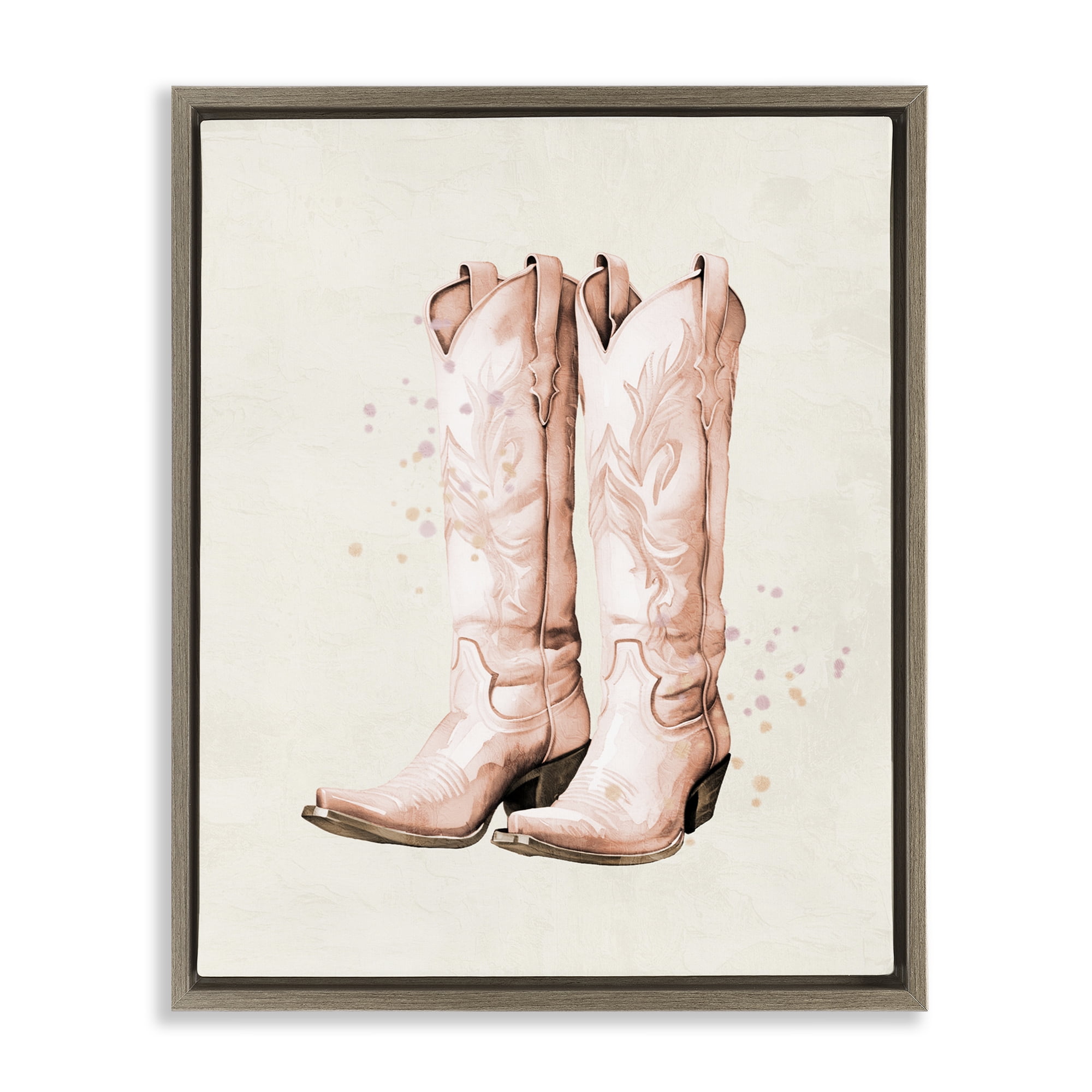 Howdy Cowgirl Pastel Boots Brown Framed Floater Canvas Wall Art, design by Kim Allen