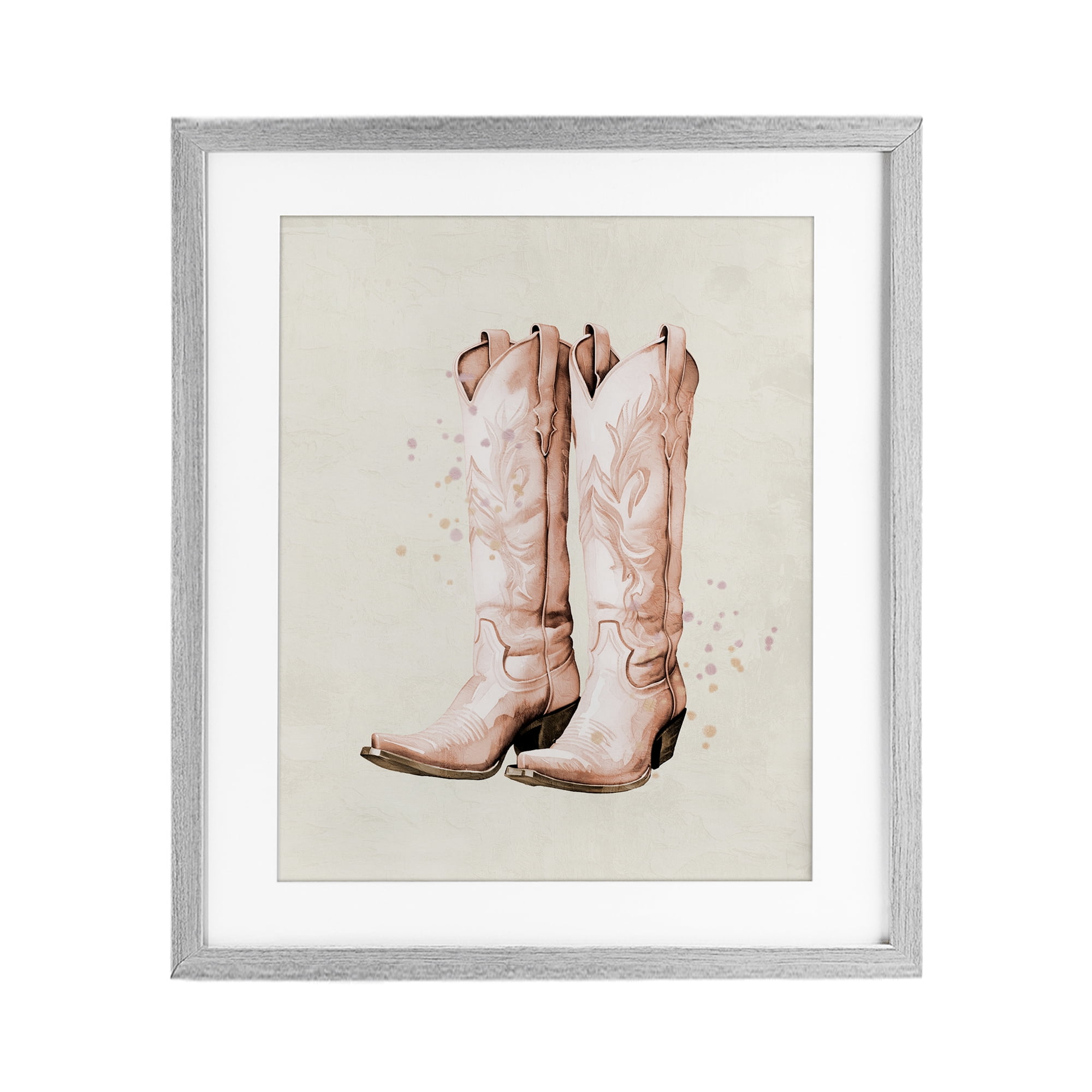 Howdy Cowgirl Pastel Boots Gray Framed Print Under Glass, design by Kim Allen