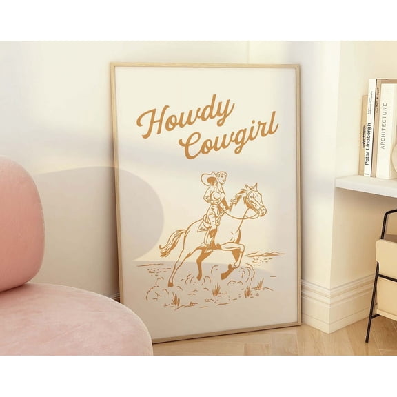Howdy Cowgirl Print, Art, Retro Tan Wall Art, Country Western Art Print, Trendy Retro Wall Art Wall Art, Modern Wall Decor, 24x36 UNFRAMED