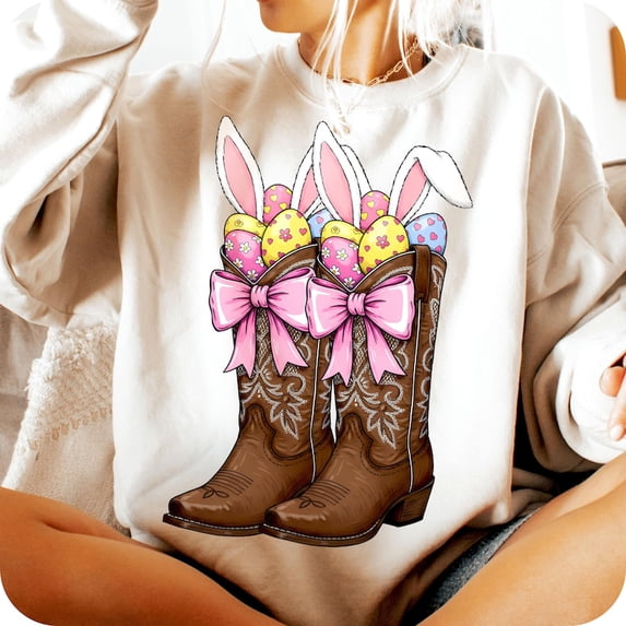 Howdy Easter Sweatshirt, Western Bunny Pullover with Cowboy Boots, Retro Funny Coquette Easter Shirt, Cute Spring Holiday Sweater