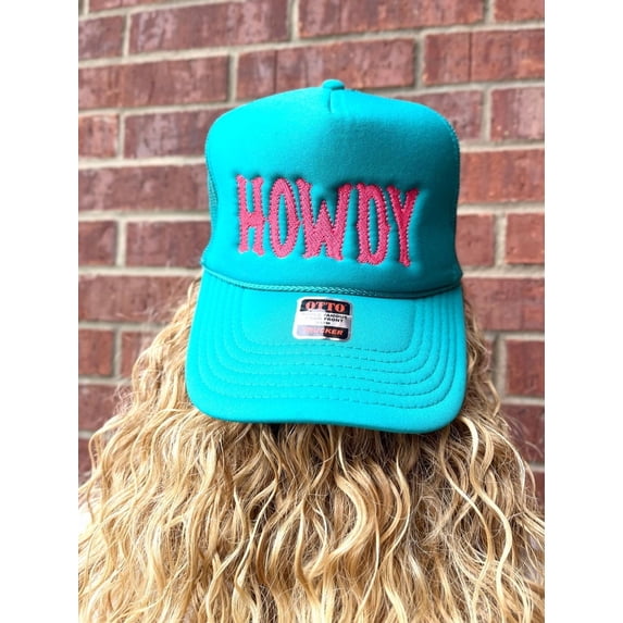 Howdy Embroidered Jade & Hot Pink Trucker Hat