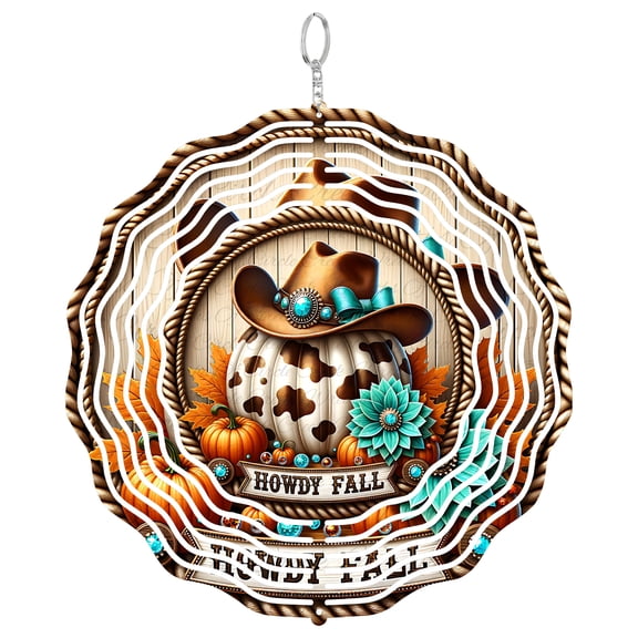 Howdy Fall Cowboy Pumpkin 3D Wind Spinner, UV Printed Tinplate, Western Fall Decor, Texas Autumn Art, Round