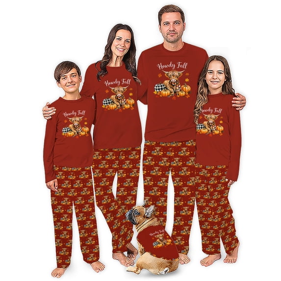 Howdy Fall Highland Cow Family Thanksgiving Pj, Pumpkin Family And Dog PJs, Plus Sizes