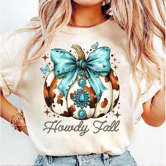 Howdy Fall Western Pumpkin T-shirt, Fall Cowhide Pumpkin, Fall T-shirt, Western Pumpkin T-shirt, Coquette Bow Pumpkin, Fall T-shirt TH040654