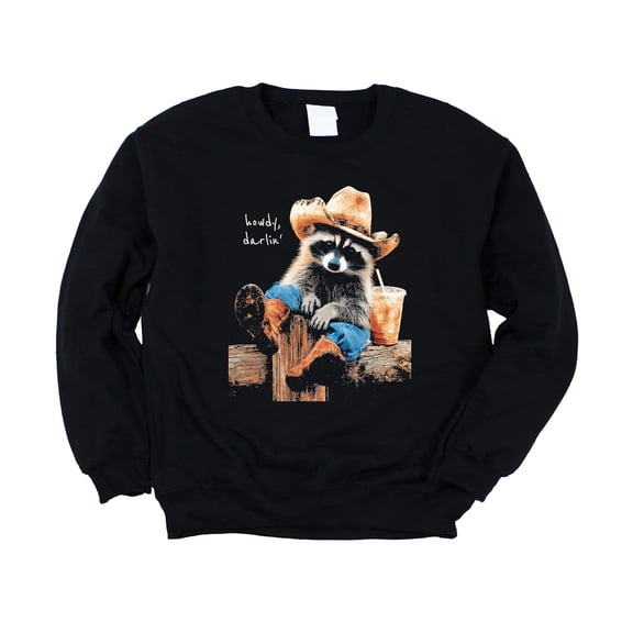 Howdy Funny Cowboy Raccoon Sweatshirt for Women Men & Kids Western Animal Crewneck Pullover Black Sweatshirt Adult Small