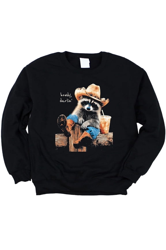 Howdy Funny Cowboy Raccoon Sweatshirt for Women Men & Kids Western Animal Crewneck Pullover Black Sweatshirt Adult X-Large