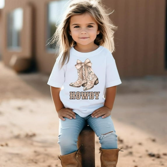 Howdy Girls Toile Patterned Beige Cowboy Boots Tee Shirt, Toddler T-Shirt, Western Rodeo Cute Tee, Coquette Bow, Country Farm Girl Gift TODDLER SHORT SLEEVE TEE BELLA CANVAS 3001T