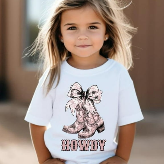 Howdy Girls Toile Patterned Pink Cowboy Boots Tee Shirt, Toddler T-Shirt, Western Rodeo Cute Tee, Coquette Bow, Country Farm Girl Gift TODDLER SHORT SLEEVE TEE BELLA CANVAS 3001T