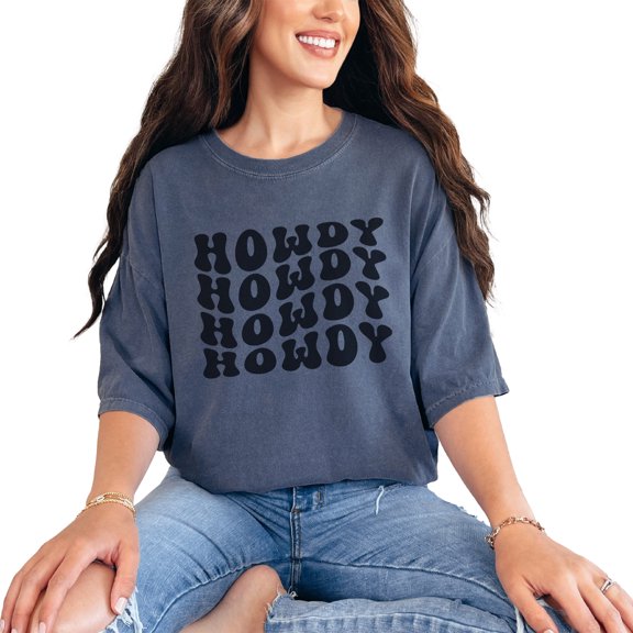 Howdy, Hello or Greeting Expression Themed, Groovy Retro Wavy Text, Denim Comfort Colors T-Shirt, Small