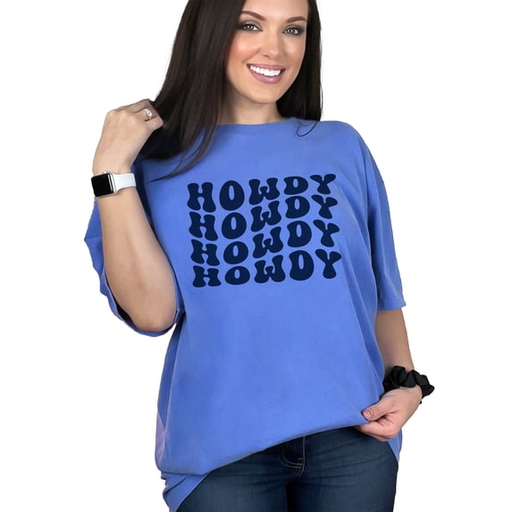 Howdy, Hello or Greeting Expression Themed, Groovy Retro Wavy Text, Flo Blue Comfort Colors T-Shirt, XL