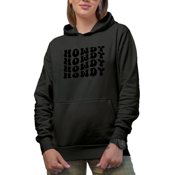 Howdy, Hello or Greeting Expression Themed, Groovy Retro Wavy Text Merch Gift, Black Hooded Sweatshirt or Hoodie, Small