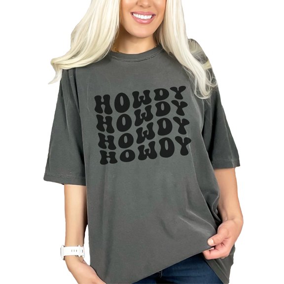 Howdy, Hello or Greeting Expression Themed, Groovy Retro Wavy Text, Pepper Comfort Colors T-Shirt, Large