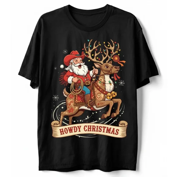 Howdy Holiday Cowboy Funny Reindeer Rider Western Celebration Unisex T-Shirt, up to size 5XL