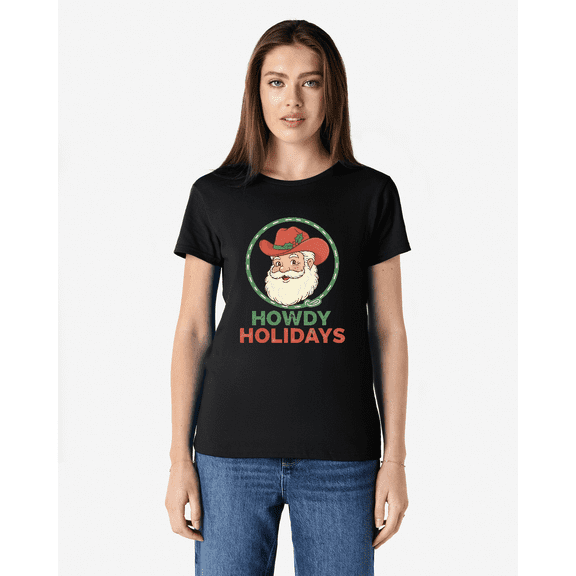 Howdy Holidays Funny Cowboy Christmas Father Claus Retro Unisex T-Shirt V13891, up to Size 5XL