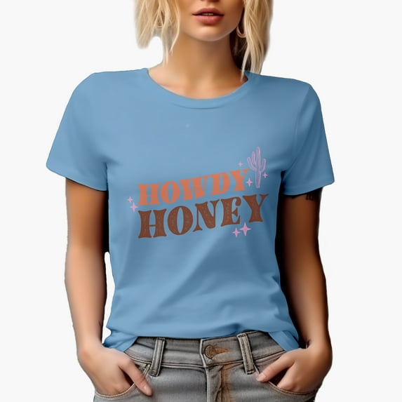 Howdy Honey, Texas or Western Desert Themed Art Merch Gift, Baby Blue T-Shirt, Small