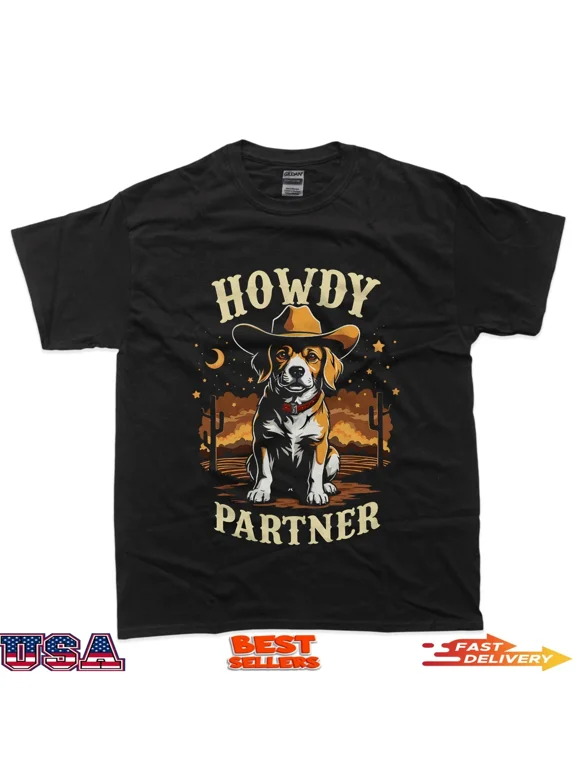 Howdy Partner Western Dog Funny Dog Lover Cowboy Hat T-Shirt