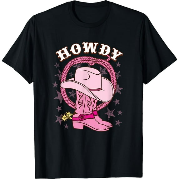 Howdy Pink Cowboy Hat Boots Country Western Rodeo for Women T-Shirt Black 4X-Large