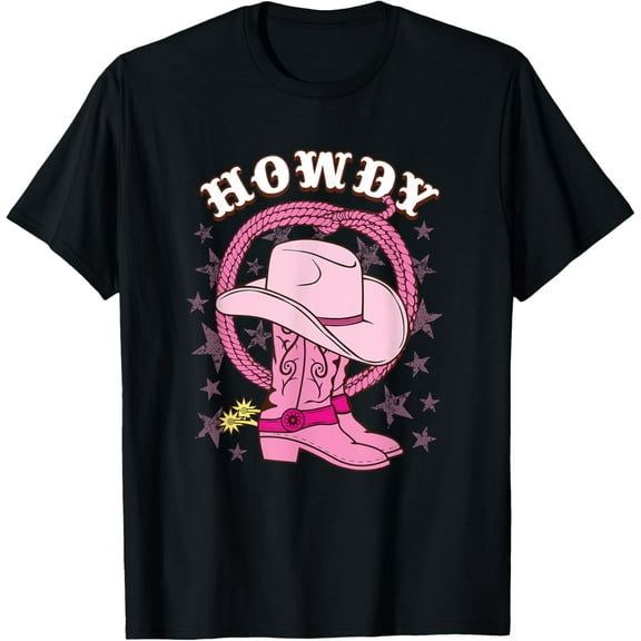 Howdy Pink Cowboy Hat Boots Country Western Rodeo for Women T-Shirt