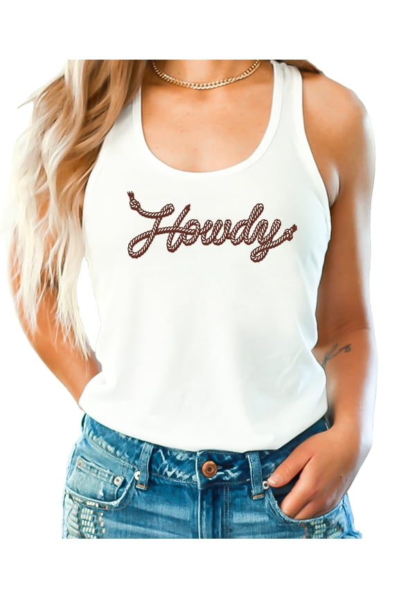 Howdy Rope Script Tank Top for Women and Teens Country Western Sleeveless Tee White Tank Top Medium