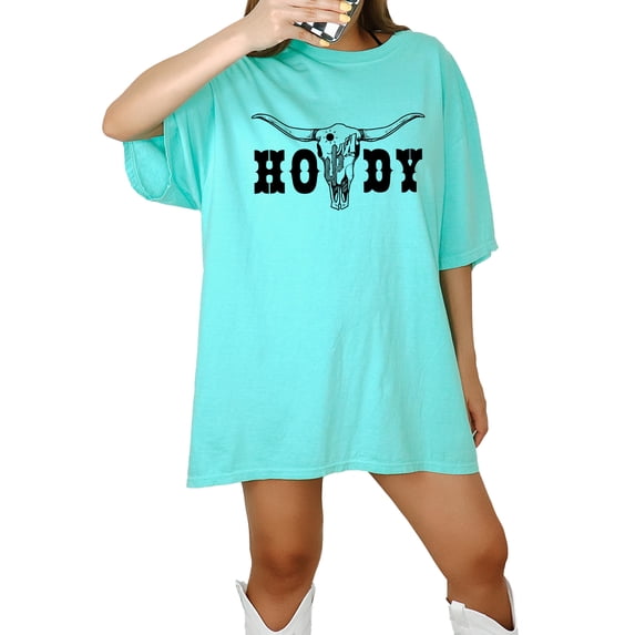 Howdy Shirt for Women & Teens Western Bull Skull Tee for Ladies Seafoam Shirt Adult Small
