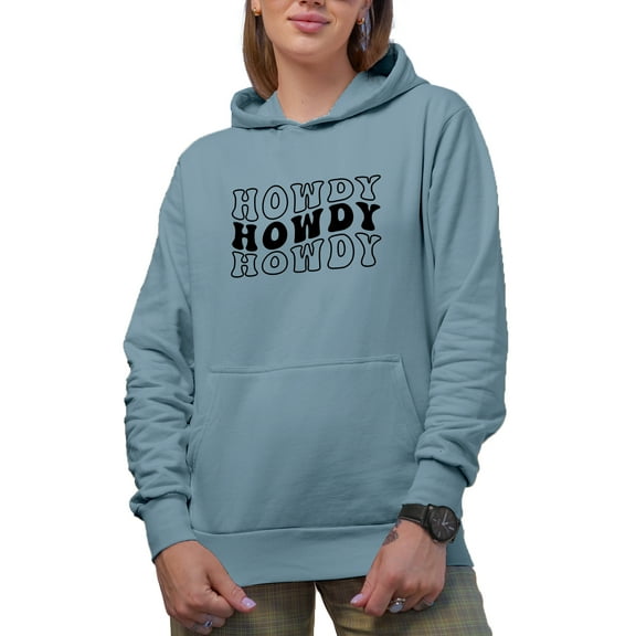 Howdy, Short for How Do Ye, Hello or Greeting Expression, Groovy Retro Wavy Text Merch Gift, Light Blue Hooded Sweatshirt or Hoodie, Medium