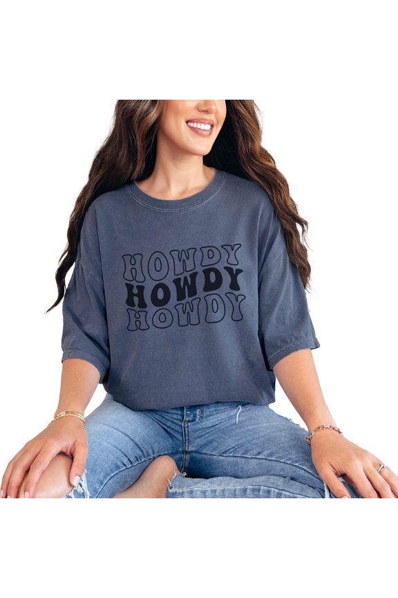 Howdy, Short for How Do Ye, Hello or Greeting Expression Themed, Groovy Retro Wavy Text, Denim Comfort Colors T-Shirt, 2XL