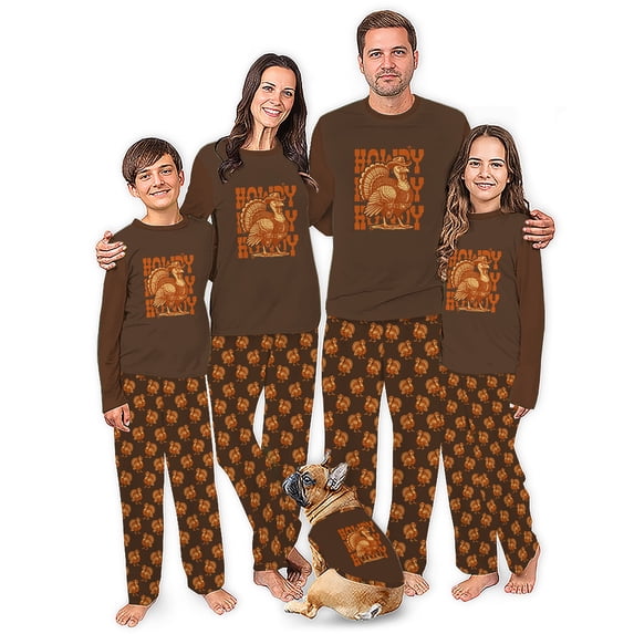 Howdy Turkey Family Pajamas Matching Thanksgiving, Retro Turkey Family And Dog PJs, Plus Sizes