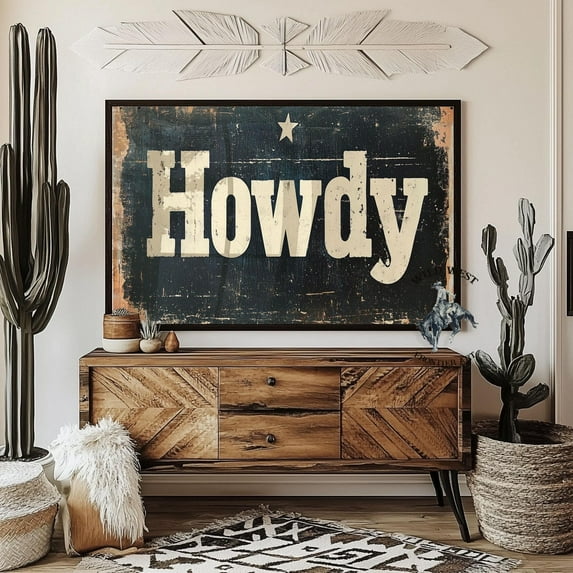 Howdy Typography Print, Distressed Western Cowboy Wall Art Home Decor #3169, Stretched Canvas Size 8x12