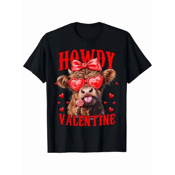 Howdy Valentine Highland Cow Graphic T-Shirt - 180g 100% Crew Neck Short Sleeve Tee with Playful Hearts, Bow & Scottish Cow Print, Soft Casual Streetwear for Men & Women