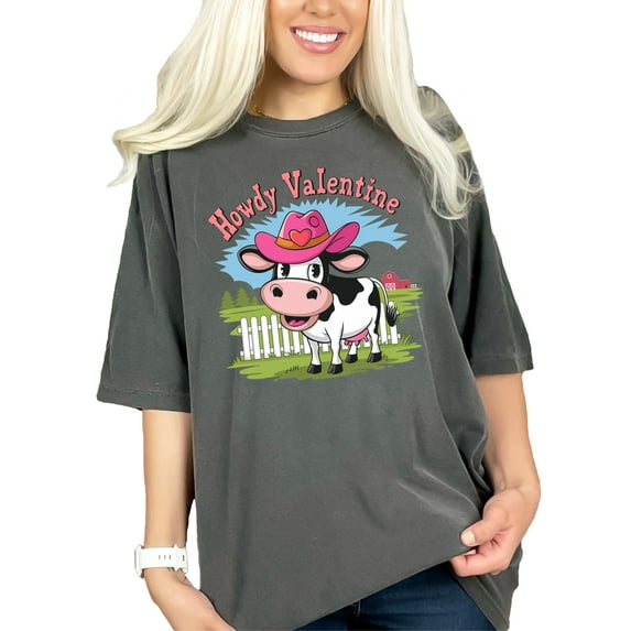 Howdy Valentine T-Shirt, Cute Farm Cow Graphic Tee, Fun Valentine Gift Shirt, Country Style Valentine's Day Top, Novelty Cow Love Tee, Pepper Comfort Colors T-Shirt, 3XL