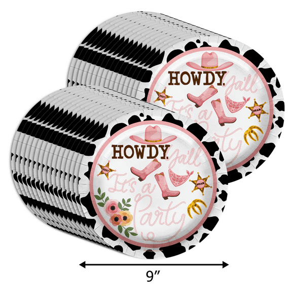 Howdy Y'all Cow Girl Birthday Party Supplies - Cow Print Rodeo Birthday Party Plates - Large 9" Paper Plates In Bulk 32 Piece