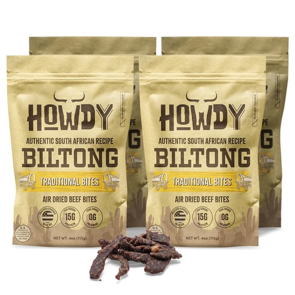 HowdySnax Traditional Biltong Bites  4 Pack (16oz Total)  Bulk Beef Snack  HighProtein  Keto & Paleo  No Preservatives  Made in USA