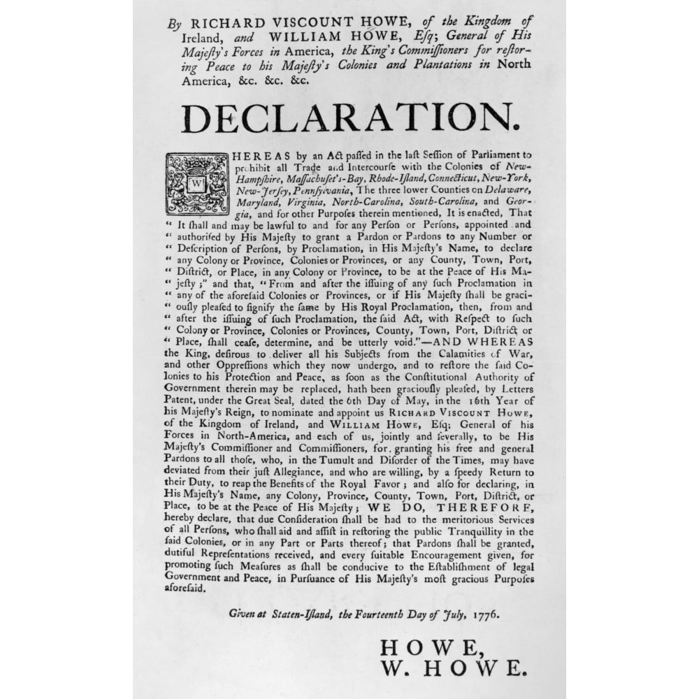 General Howe Howe Declaration 1776. Ndeclaration By Richard Viscount Howe And His ...