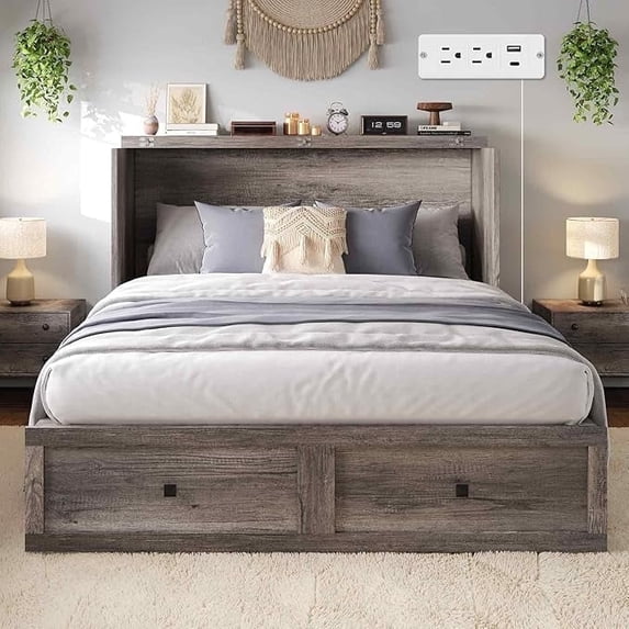 VanAcc Full Size Murphy Bed with Charging Station, Farmhouse Cabinet Bed with Large Storage Drawer for Living Room, Guest Bedroom, Grey