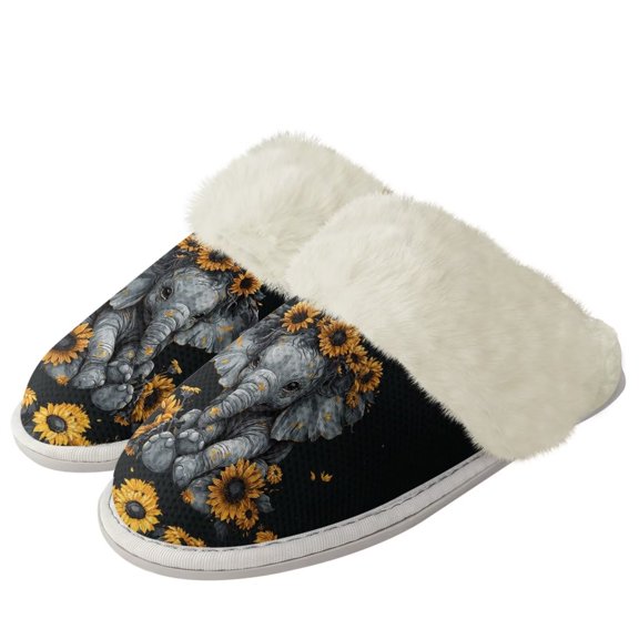Chririnla Cartoon Elephant Cotton Home Slippers Women Fuzzy Warm House Shoes with Anti-Skid Sole Plush Slippers for Winter Home