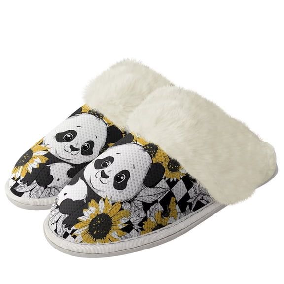 Chririnla Cute Panda Fuzzy Slippers Women Outdoor Casual Non-Slip Sunflower House Slippers for Women Warm House Shoes with Fur Edges