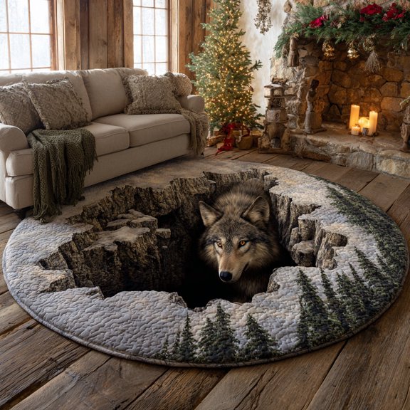 Howl Wolf Shadow Quilted Round Mat, 3D Optical Illusion Wolf Rug, Howling Wolf Floor Mat, Wildlife Lover Gift, Indoor Outdoor Area Rug